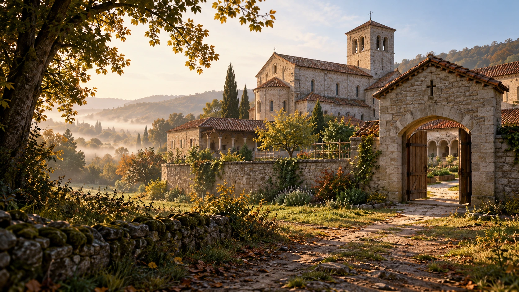 Ein mittelalterliches Kloster mit offener Pforte, Gästehaus und Kirche im warmen Morgenlicht.